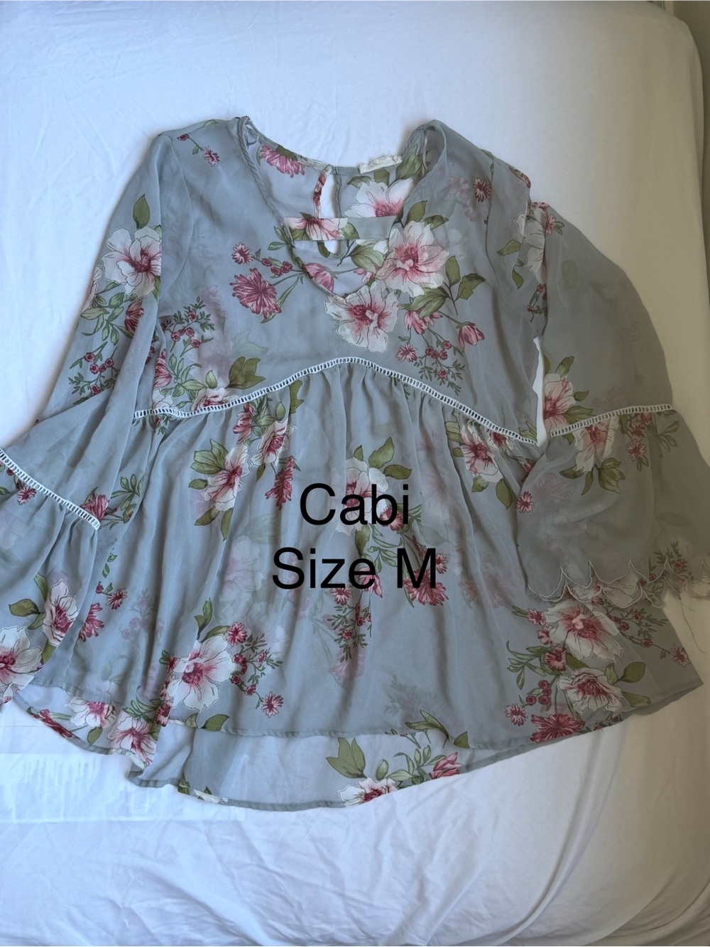 CAbi Light Blue Floral Peasant Blouse with Pink Accents